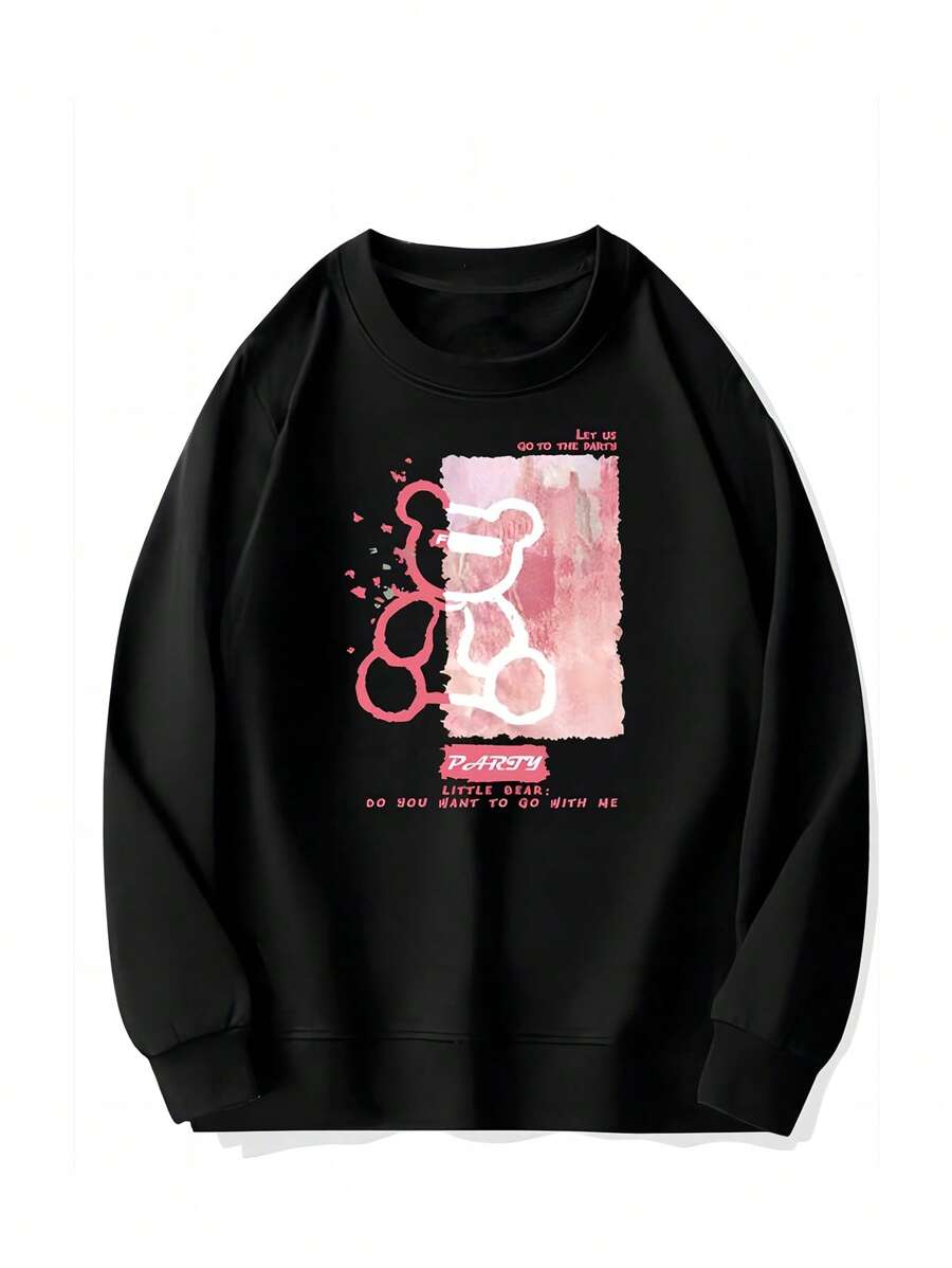 男士熊和標語圖案運動衫 - 黑色 - 查看 1