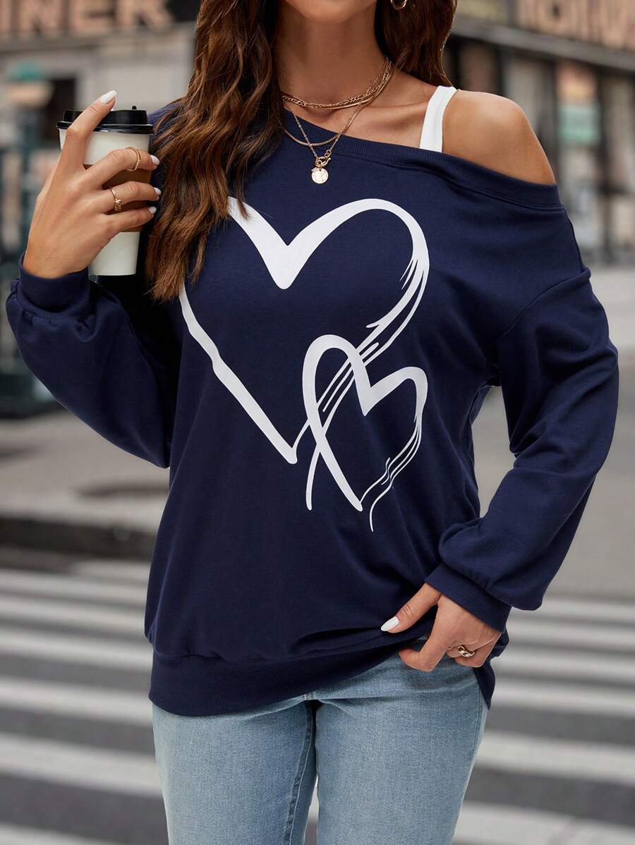 SHEIN LUNE 愛心圖案不對稱領落肩袖運動衫 - 藏蓝色 - 查看 1