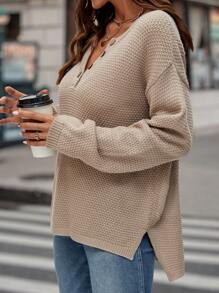 EMERY ROSE Notched Neck Drop Shoulder Button Detail Sweater - Camel - View 2