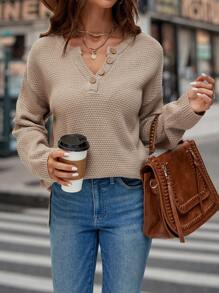 EMERY ROSE Notched Neck Drop Shoulder Button Detail Sweater - Camel - View 1