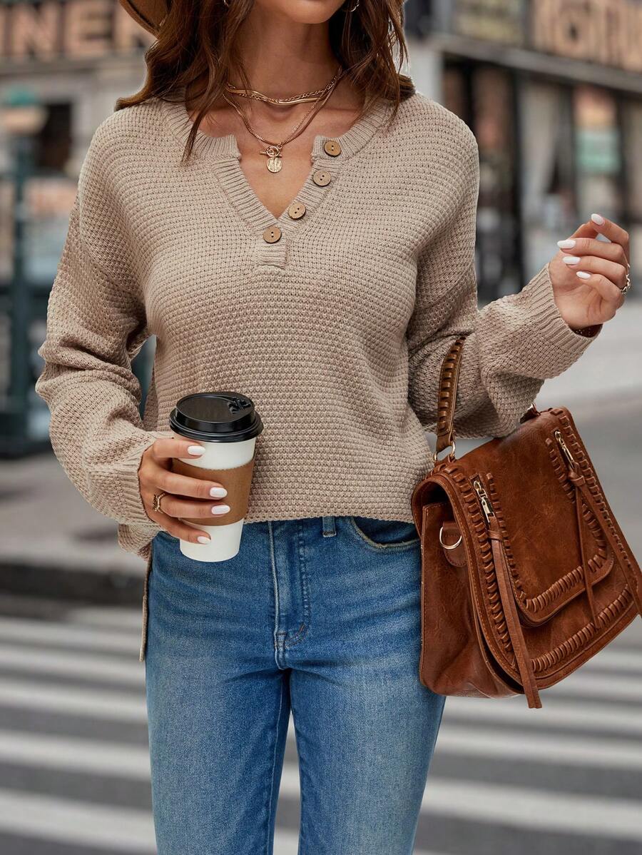 EMERY ROSE Notched Neck Drop Shoulder Button Detail Sweater - Camel - View 1