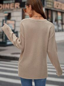 EMERY ROSE Notched Neck Drop Shoulder Button Detail Sweater - Camel - View 6