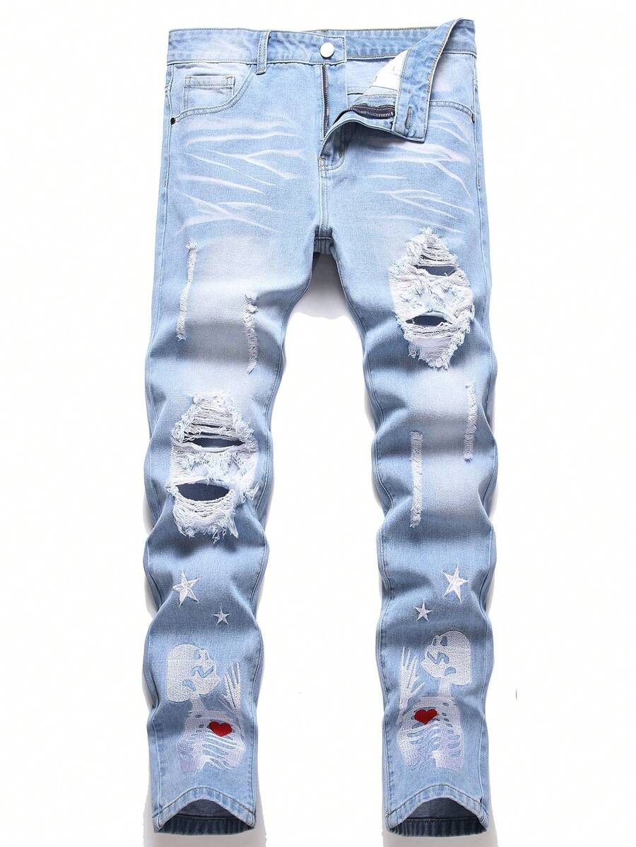 Quần Jeans Rửa Tẩy Rách Thêu Hình Đầu Lâu Cho Nam, Dành Cho Halloween - Rửa nhẹ - Xem 1