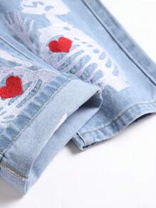 Quần Jeans Rửa Tẩy Rách Thêu Hình Đầu Lâu Cho Nam, Dành Cho Halloween - Rửa nhẹ - Xem 6