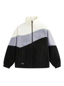 男士拼色字母拼貼細節泰迪夾克 - 黑色 - 查看 1