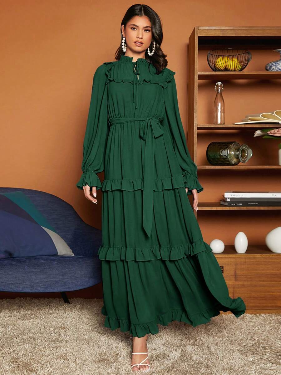 SHEIN VCAY Cà vạt Viền Ruffle Thắt lưng Viền đa lớp Đầm - Màu xanh lá cây đậm - Xem 1
