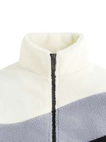 男士拼色字母拼貼細節泰迪夾克 - 黑色 - 查看 4