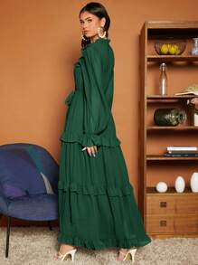 SHEIN VCAY Cà vạt Viền Ruffle Thắt lưng Viền đa lớp Đầm - Màu xanh lá cây đậm - Xem 2