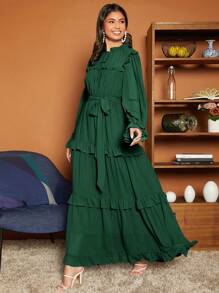 SHEIN VCAY Cà vạt Viền Ruffle Thắt lưng Viền đa lớp Đầm - Màu xanh lá cây đậm - Xem 4