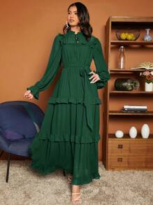SHEIN VCAY Cà vạt Viền Ruffle Thắt lưng Viền đa lớp Đầm - Màu xanh lá cây đậm - Xem 5