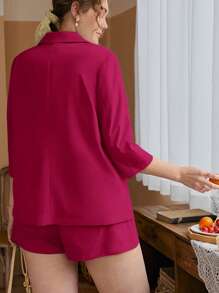 SHEIN Frenchy 大碼1入組素色西裝外套&1入組短褲 - 酒紅色 - 查看 2