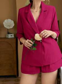 SHEIN Frenchy 大碼1入組素色西裝外套&1入組短褲 - 酒紅色 - 查看 6