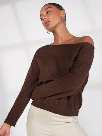 SHEIN BASICS Solid Asymmetrical Neck Drop Shoulder Sweater,Long Sleeve Tops In Fall/Winter
