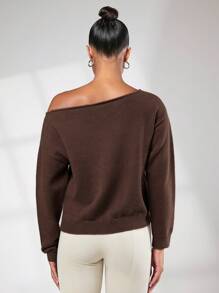 SHEIN BASICS Solid Asymmetrical Neck Drop Shoulder Jumper - Chocolate Brown - View 2