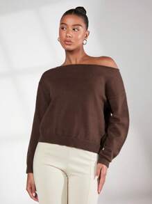 SHEIN BASICS Solid Asymmetrical Neck Drop Shoulder Jumper - Chocolate Brown - View 5