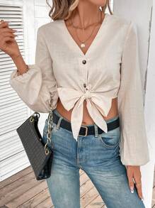 SHEIN Frenchy 燈籠袖下擺打結短款襯衫