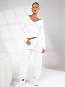 SHEIN BASICS 素色缺口V領短款T恤 - 白色 - 查看 4