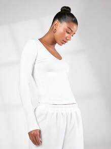 SHEIN BASICS 素色缺口V領短款T恤 - 白色 - 查看 3