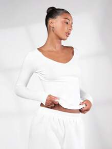 SHEIN BASICS 素色缺口V領短款T恤 - 白色 - 查看 9