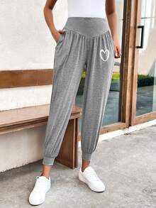 SHEIN LUNE 愛心圖案寬腰帶斜口袋長褲 - 淺灰色 - 查看 2