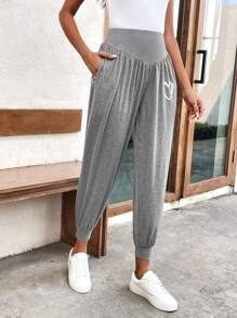 SHEIN LUNE 愛心圖案寬腰帶斜口袋長褲 - 淺灰色 - 查看 1