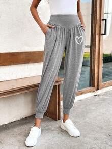 SHEIN LUNE 愛心圖案寬腰帶斜口袋長褲 - 淺灰色 - 查看 4