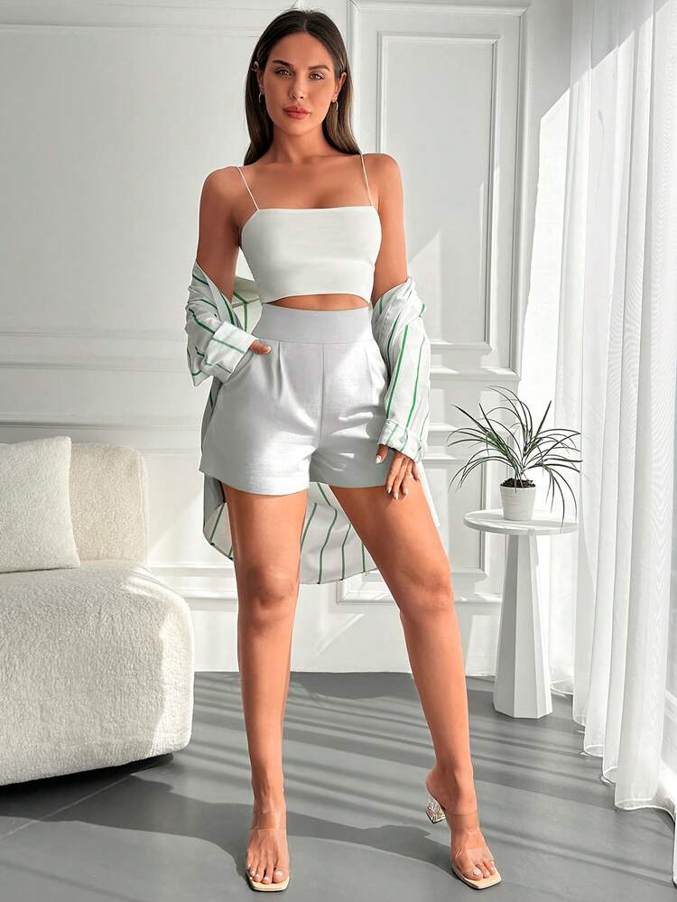 Cottnline Shorts de talle alto con fruncido - Blanco - Ver 4