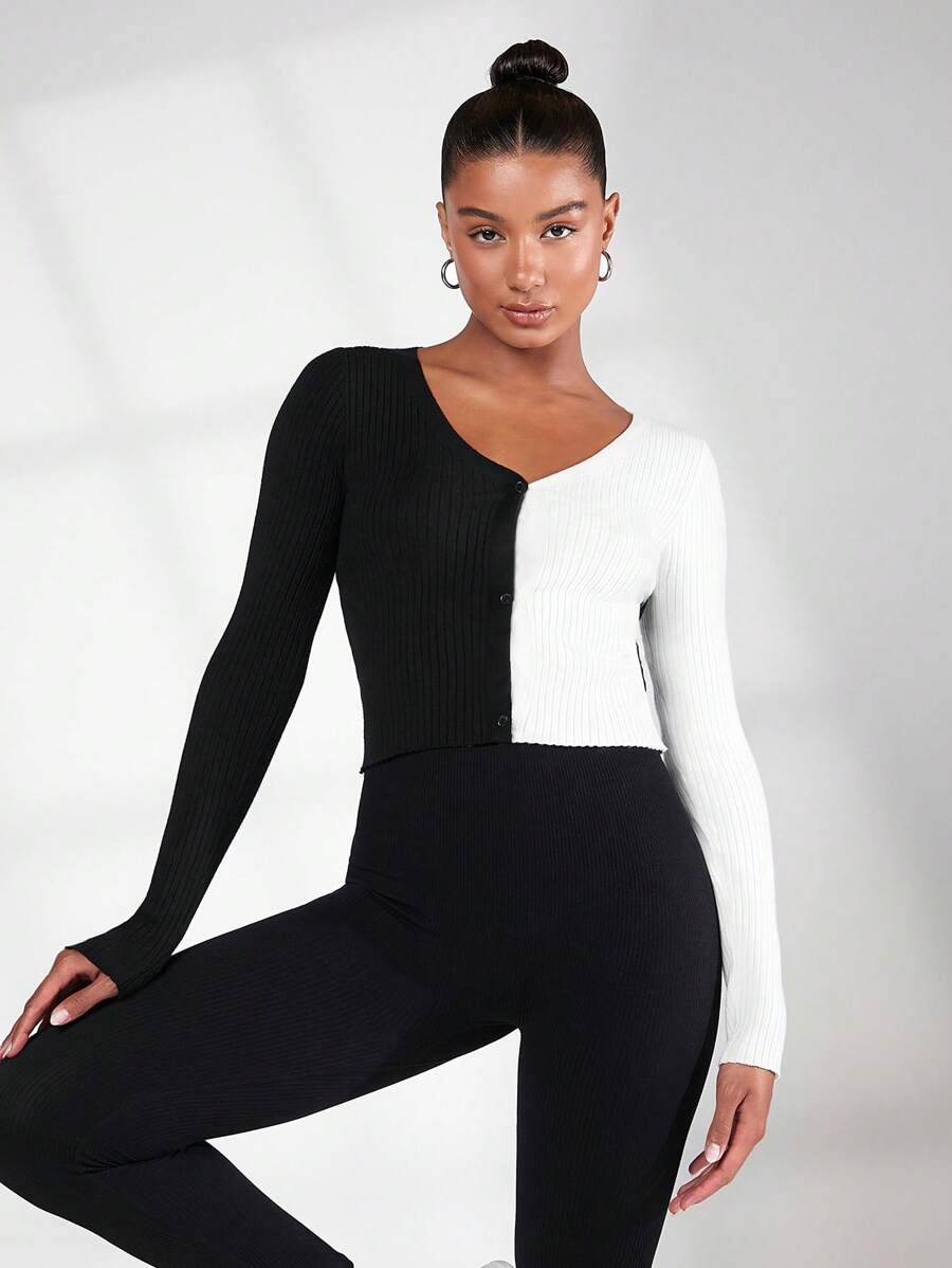 SHEIN BASICS Two Tone Ribbed Knit Crop Cardigan - Black and White - View 1