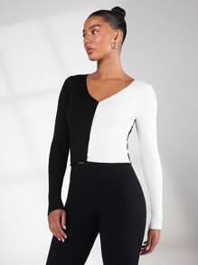 SHEIN BASICS Two Tone Ribbed Knit Crop Cardigan - Black and White - View 6