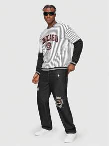 ROMWE MEN Street Life Men's Distressed Loose Casual Versatile Bib Overall Denim Jeans - Black - View 2