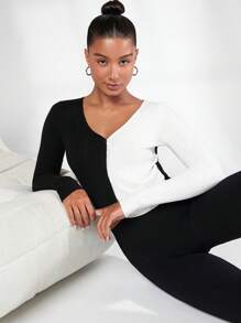SHEIN BASICS Two Tone Ribbed Knit Crop Cardigan - Black and White - View 3
