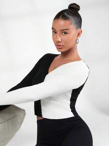 SHEIN BASICS Two Tone Ribbed Knit Crop Cardigan - Black and White - View 4