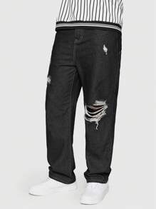 ROMWE MEN Street Life Men's Distressed Loose Casual Versatile Bib Overall Denim Jeans - Black - View 4