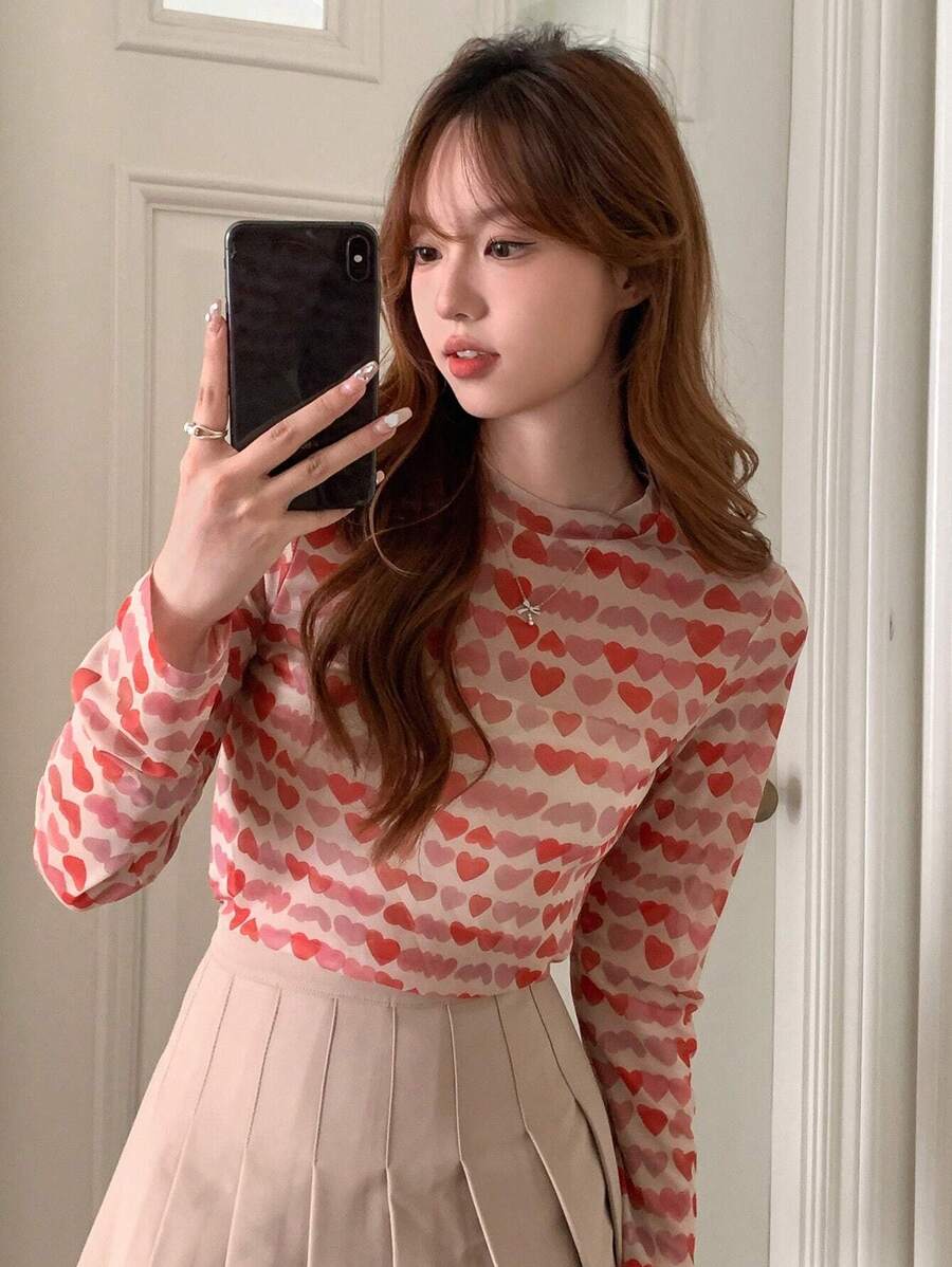 DAZY 心形图案网纱上衣 外出上衣 情人节 秋季服装 长袖女式上衣 印花T恤 - 彩色 - 查看 1