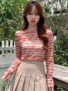 DAZY 心形图案网纱上衣 外出上衣 情人节 秋季服装 长袖女式上衣 印花T恤 - 彩色 - 查看 3