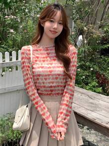 DAZY 心形图案网纱上衣 外出上衣 情人节 秋季服装 长袖女式上衣 印花T恤 - 彩色 - 查看 4