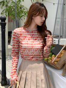 DAZY 心形图案网纱上衣 外出上衣 情人节 秋季服装 长袖女式上衣 印花T恤 - 彩色 - 查看 6