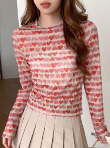 DAZY 心形图案网纱上衣 外出上衣 情人节 秋季服装 长袖女式上衣 印花T恤 - 彩色 - 查看 8