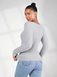 SHEIN BASICS 素色絨毛針織套頭毛衣 - 淺灰色 - 查看 3