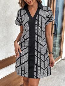 SHEIN LUNE 波點圖案蝙蝠袖直筒洋裝 - 黑與白 - 查看 2