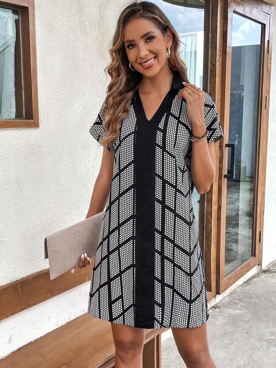 SHEIN LUNE 波點圖案蝙蝠袖直筒洋裝 - 黑與白 - 查看 1