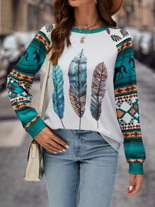 SHEIN LUNE Geo & Feather Print Raglan Sleeve Sweatshirt - Multicolor - View 2