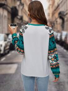 SHEIN LUNE Geo & Feather Print Raglan Sleeve Sweatshirt - Multicolor - View 3