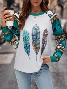 SHEIN LUNE Geo & Feather Print Raglan Sleeve Sweatshirt - Multicolor - View 4