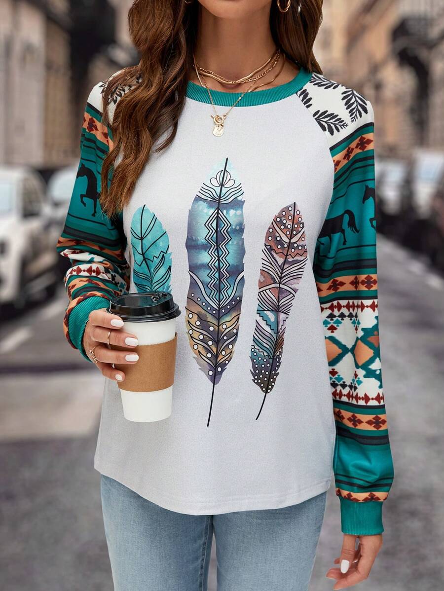 SHEIN LUNE Geo & Feather Print Raglan Sleeve Sweatshirt - Multicolor - View 1