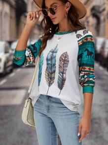 SHEIN LUNE Geo & Feather Print Raglan Sleeve Sweatshirt - Multicolor - View 5