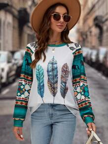 SHEIN LUNE Geo & Feather Print Raglan Sleeve Sweatshirt - Multicolor - View 6