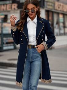 SHEIN Clasi 秋冬撞色双排扣大衣 - 藏蓝色 - 查看 6