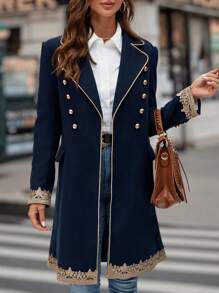 SHEIN Clasi 秋冬撞色双排扣大衣 - 藏蓝色 - 查看 3