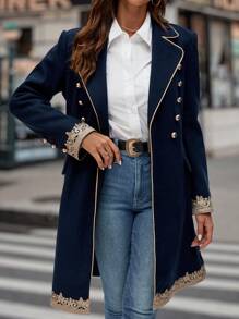 SHEIN Clasi 秋冬撞色双排扣大衣 - 藏蓝色 - 查看 4